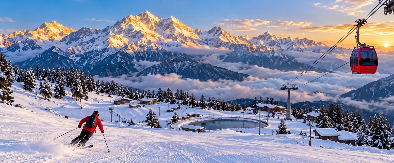 Snow-covered slopes and mountain scenery in Auli