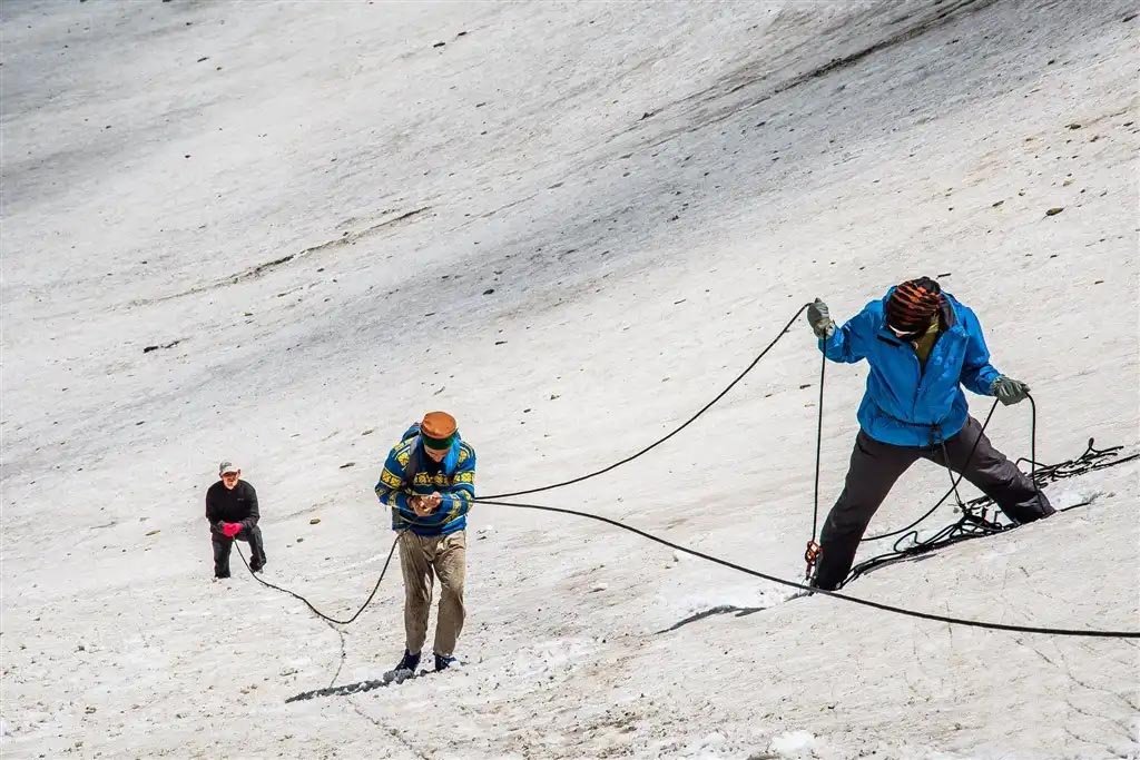 Trekking group moving carefully along a Himalayan trail