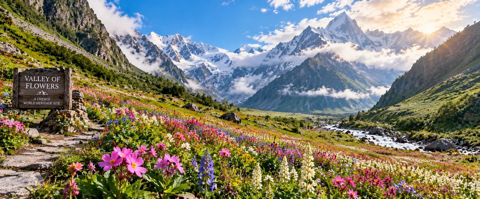 Colourful alpine flowers beneath the Himalayan peaks in the Valley of Flowers